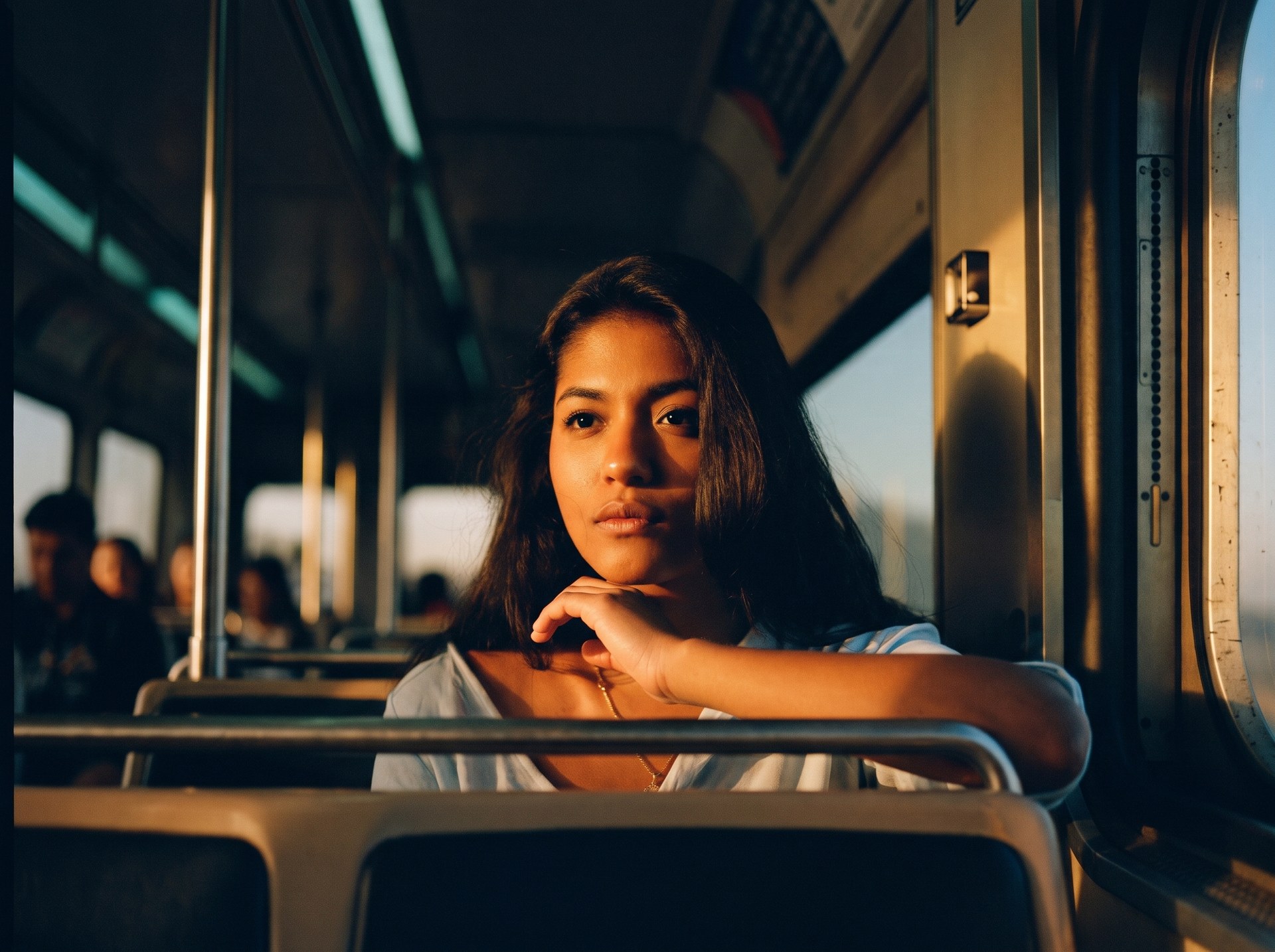 A young Indian woman by the window of a Mumbai local train at golden hour, chin resting on her hand, thinking, in warm light with indigo shadows.